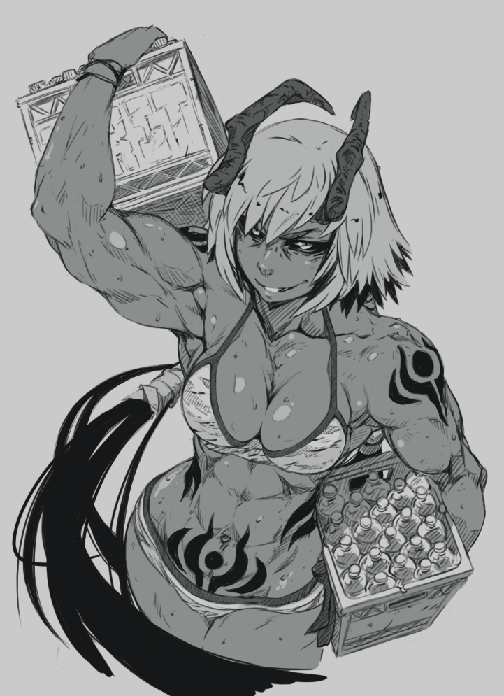 1girl abs alexi_(petite-emi) bare_shoulders bikini black_sclera bottle breasts carrying_over_shoulder carrying_under_arm cleavage container dark_skin demon_horns greyscale grin hair_tie horns hushabye large_breasts long_hair monochrome monster_girl multicolored_hair muscle muscular_female navel original smile sweat swimsuit tattoo twintails very_long_hair wet wristband