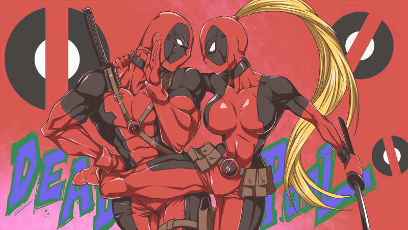 1boy 1girl abs blonde_hair bodysuit breasts character_name collarbone deadpool holding_sword holding_weapon katana lady_deadpool large_breasts long_hair marvel mask muscle pouch superhero sword very_long_hair weapon yuto_(dialique)