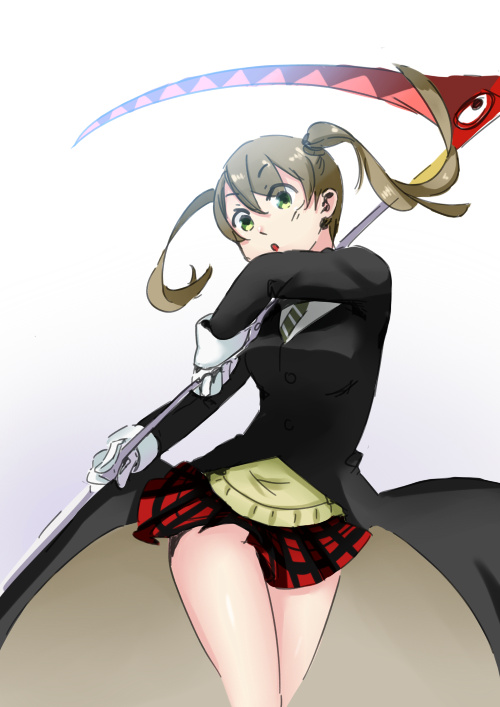 1girl 3four blonde_hair colored green_eyes jacket maka_albarn necktie scythe skirt solo soul_eater tagme twintails weapon