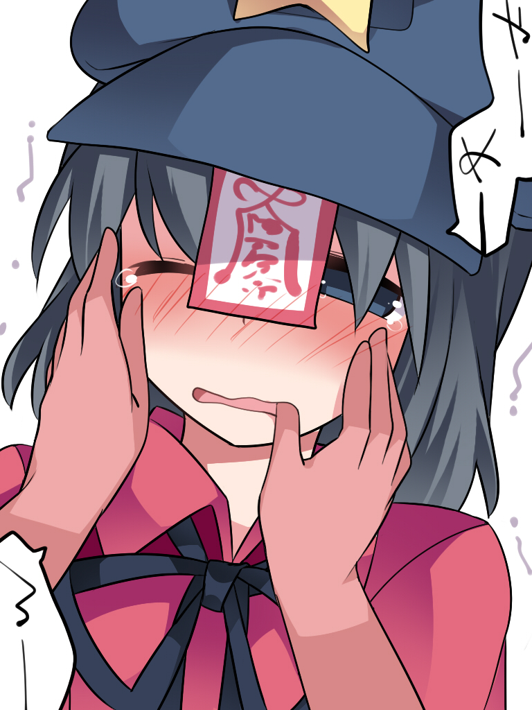 1girl black_hair blush commentary_request finger_in_mouth hammer_(sunset_beach) hands_on_head hat miyako_yoshika ofuda one_eye_closed open_mouth short_hair solo star tears touhou translated upper_body