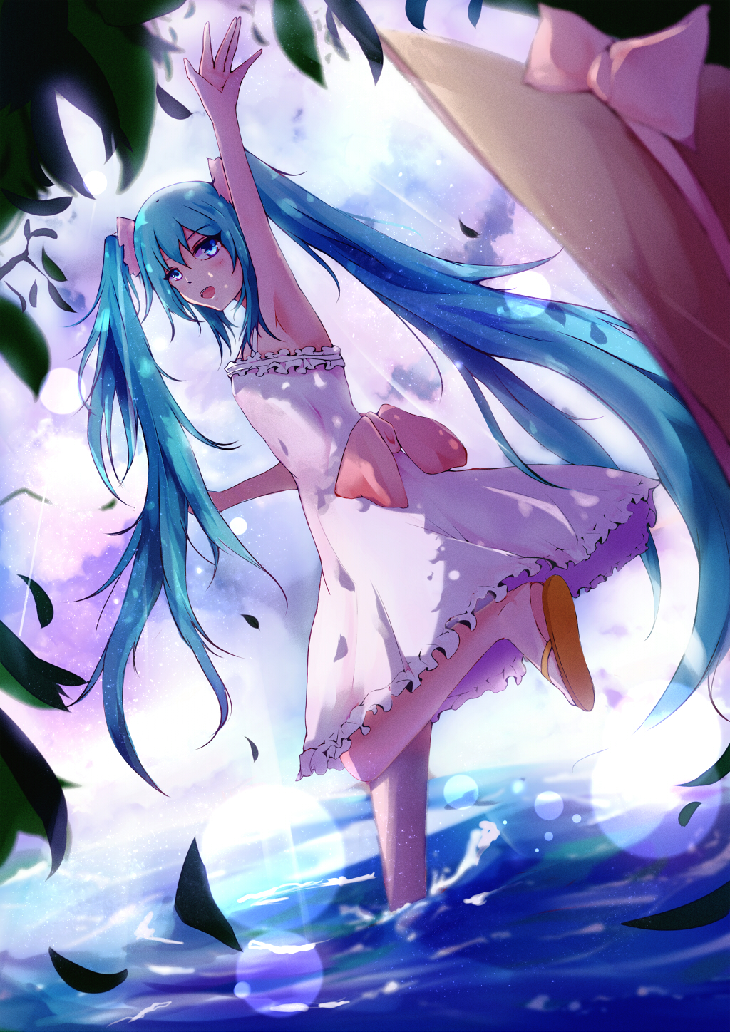1girl armpits arms_up blue_eyes blue_hair dress hat hatsune_miku highres long_hair open_mouth qingye_ling solo twintails vocaloid water white_dress