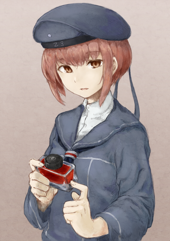 1girl auburn_hair brown_eyes dress hat kantai_collection looking_at_viewer nemubusoku open_mouth sailor_dress sailor_hat short_hair simple_background solo z3_max_schultz_(kantai_collection)