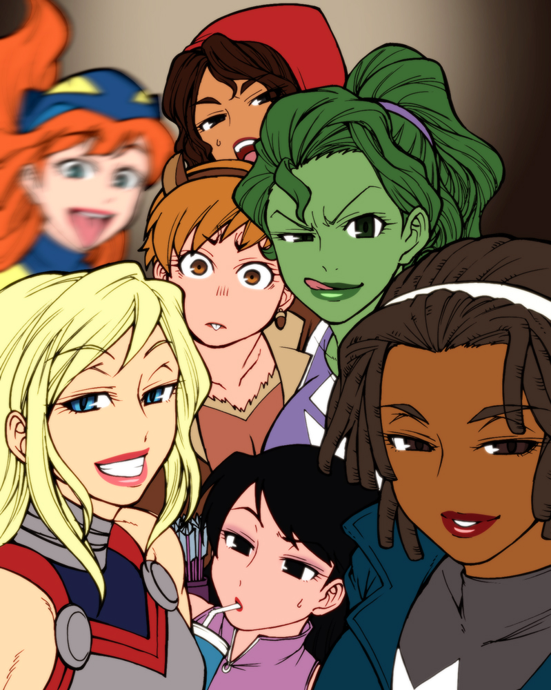 america_chavez arrow black_eyes black_hair blonde_hair blue_eyes brown_eyes brown_hair buck_teeth chiba_toshirou collarbone commentary_request cup dark_skin derivative_work drinking_straw earrings gradient gradient_background green_eyes green_hair green_skin grin hair_tie hairband hairlocs hawkeye hellcat_(patsy_walker) hood jennifer_walters jewelry kate_bishop lips lipstick long_hair makeup marvel monica_rambeau motion_blur open_mouth orange_hair ponytail quiver self_shot she-hulk smile squirrel_girl superhero sweatdrop tongue tongue_out valkyrie_(marvel)