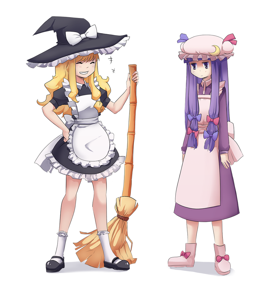 2girls adapted_costume alternate_costume apron blonde_hair blush boots broom closed_eyes crescent dress enmaided expressionless full_body grin hair_ribbon hat hat_ribbon iwbitu-sa kirisame_marisa long_hair long_sleeves looking_at_another maid mary_janes mob_cap multiple_girls patchouli_knowledge puffy_sleeves purple_hair ribbon shoes short_sleeves simple_background smile socks touhou tress_ribbon white_background white_legwear witch_hat