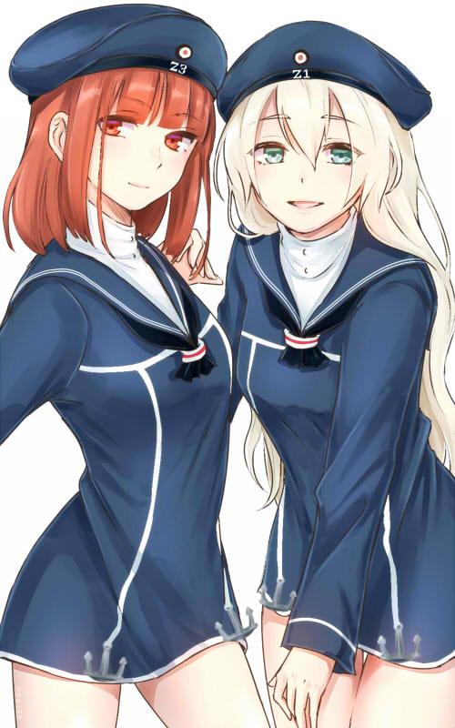 2girls :d alternate_hair_length alternate_hairstyle anchor bangs commentary_request cowboy_shot dress ears eyebrows eyebrows_visible_through_hair green_eyes hair_between_eyes hat kantai_collection light_smile long_hair looking_at_viewer looking_to_the_side multiple_girls older open_mouth red_eyes redhead sailor_dress sailor_hat simple_background smile very_long_hair white_background white_hair xokame z1_leberecht_maass_(kantai_collection) z3_max_schultz_(kantai_collection)