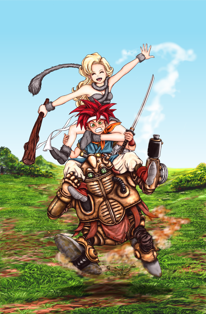 1boy 1girl ayla_(chrono_trigger) blonde_hair blue_sky breasts carrying chrono_trigger cleavage clenched_teeth closed_eyes club crono grass green_eyes headband koh_(oab71kq3) mountain neckerchief open_mouth redhead robo robot running shoulder_carry sky smile sweatdrop sword teeth toriyama_akira_(style) weapon wristband