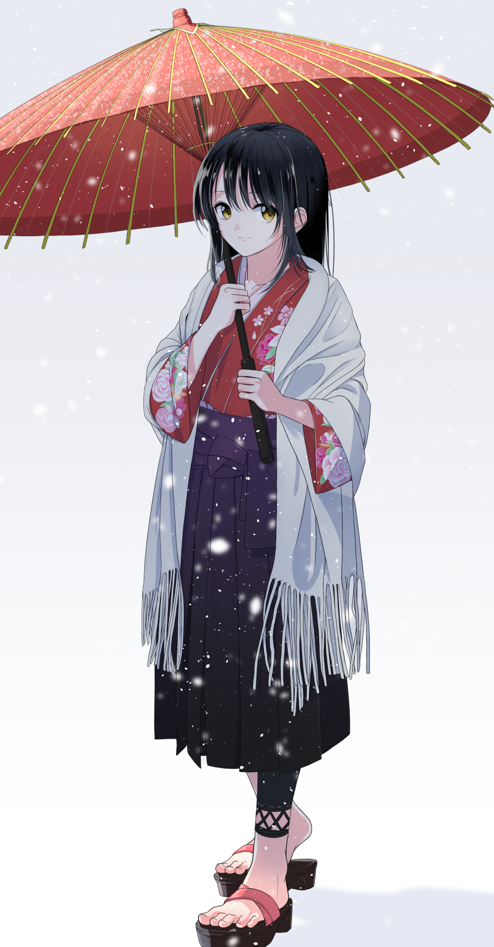 1girl aspara black_hair full_body highres japanese_clothes kimono light_smile long_hair oriental_umbrella original snowing solo tagme umbrella