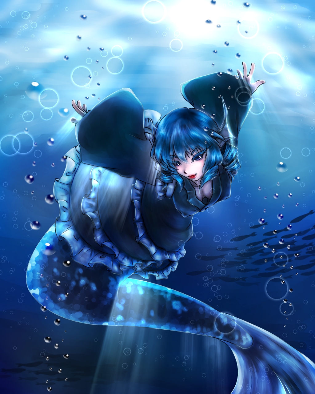 1girl blue_hair breasts bubble cleavage downblouse drill_hair eyebrows fish_tail frilled_kimono frills head_fins highres japanese_clothes kimono light_rays lipstick long_sleeves looking_to_the_side makeup mermaid monster_girl obi outstretched_arms pale_skin red_lipstick sakuya_(sa_ku_yan) sash solo touhou underwater wakasagihime