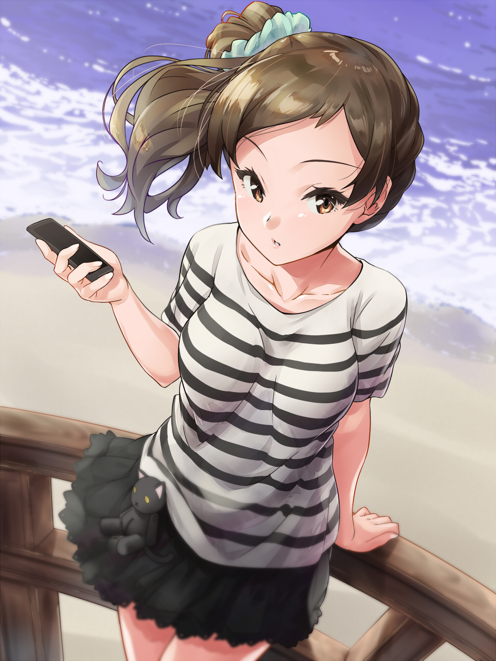 1girl breasts brown_eyes brown_hair cellphone clouds cloudy_sky fisheye highres idolmaster idolmaster_million_live! k.sho kitazawa_shiho long_hair looking_at_viewer phone scrunchie shirt side_ponytail sky smartphone solo striped striped_shirt