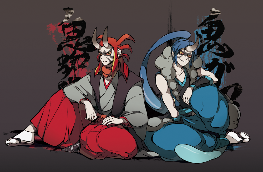 2boys blue_hair character_name frown grin haruna_mahiru high_ponytail horn horns japanese_clothes kataginu long_hair looking_at_viewer male_focus multiple_boys onigama onigumo_(youkai_watch) redhead sandals sitting sleeveless smile socks very_long_hair youkai youkai_watch