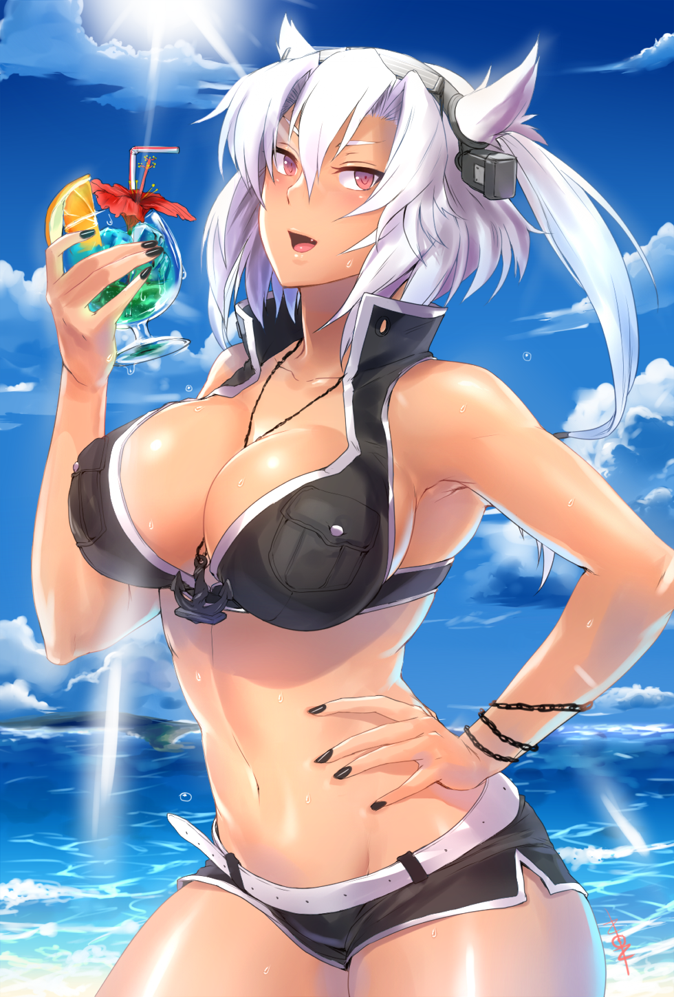 1girl anchor belt bikini blush breasts cleavage clouds cloudy_sky collarbone cowboy_shot dark_skin denim denim_shorts drink drinking_straw groin headgear highres jewelry kantai_collection large_breasts looking_at_viewer musashi_(kantai_collection) nail_polish navel necklace non_(nonzile) open_mouth outdoors red_eyes short_shorts shorts sky sunlight swimsuit water wet white_hair