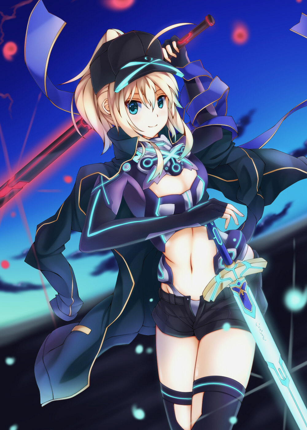 1girl aqua_eyes black_legwear black_shorts blonde_hair dual_wielding excalibur fate/grand_order fate_(series) hat heroine_x highres holding_sword holding_weapon long_hair looking_at_viewer navel open_clothes open_shorts panties saber shorts smile solo sword thigh-highs underwear weapon