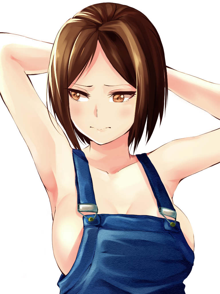 1girl armpits arms_behind_head arms_up blush breasts brown_eyes brown_hair cleavage collarbone facing_viewer large_breasts looking_away looking_to_the_side naked_overalls original overalls pursed_lips short_hair simple_background solo upper_body uramiyuki white_background