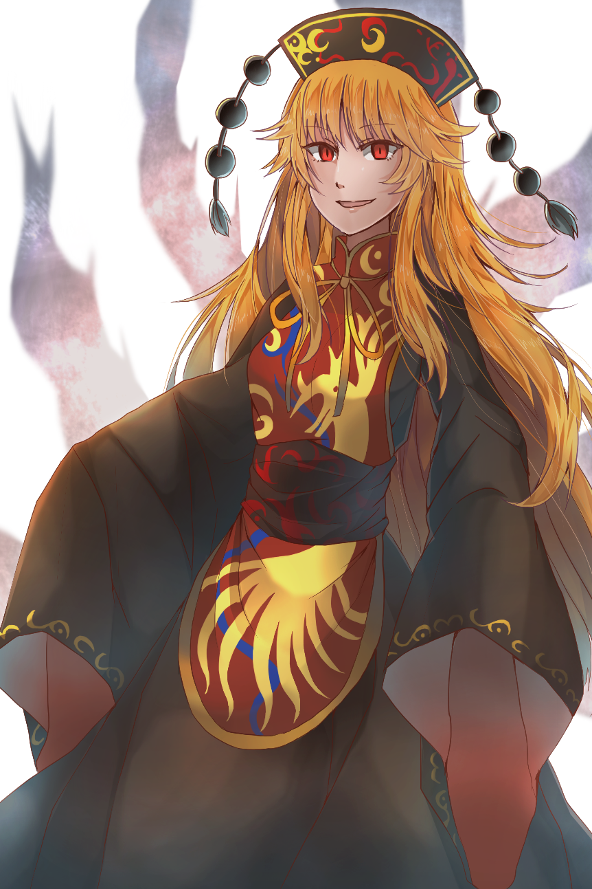 1girl :d blonde_hair dress hat highres junko_(touhou) long_hair open_mouth re-ka red_eyes sleeves_past_wrists smile tabard touhou wide_sleeves