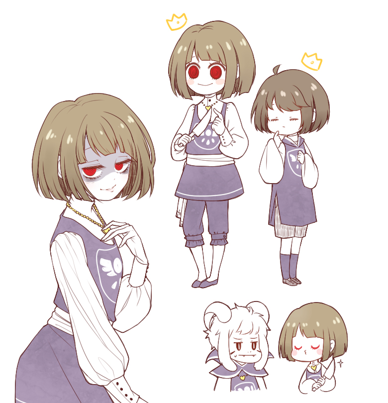 1boy androgynous asriel_dreemurr blush bob_cut brown_hair chara_(undertale) closed_eyes closed_mouth crown evil_grin evil_smile frisk_(undertale) grin heart heart_necklace horns jewelry light_background looking_at_viewer mini_crown necklace ohmyeleanor open_mouth shade shaded_face short_hair simple_background smile standing sweatdrop teeth trio undertale white_background