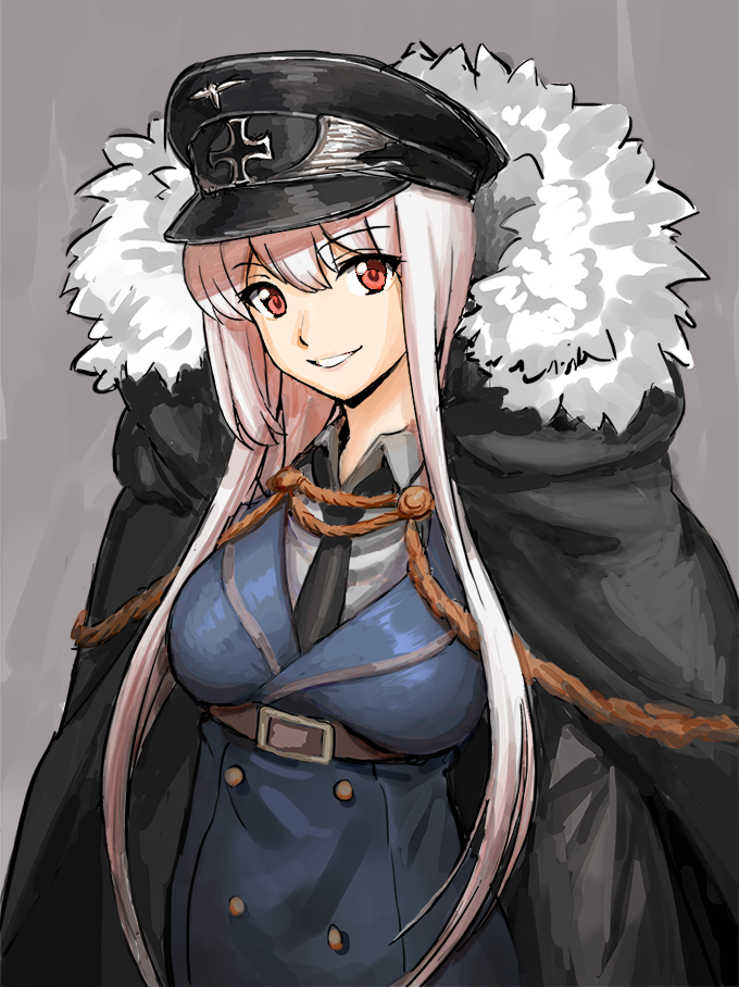 1girl artist_request belt black_coat black_necktie blonde_hair buttons cap cape coat collar collared_shirt dress_shirt girls_frontline gold_buttons high_belt iron_cross jacket kar98k_(girls_frontline) long_hair looking_at_viewer military military_uniform nazi_party_pin necktie official_art red_eyes shirt smile uniform white_hair winter_clothes winter_coat