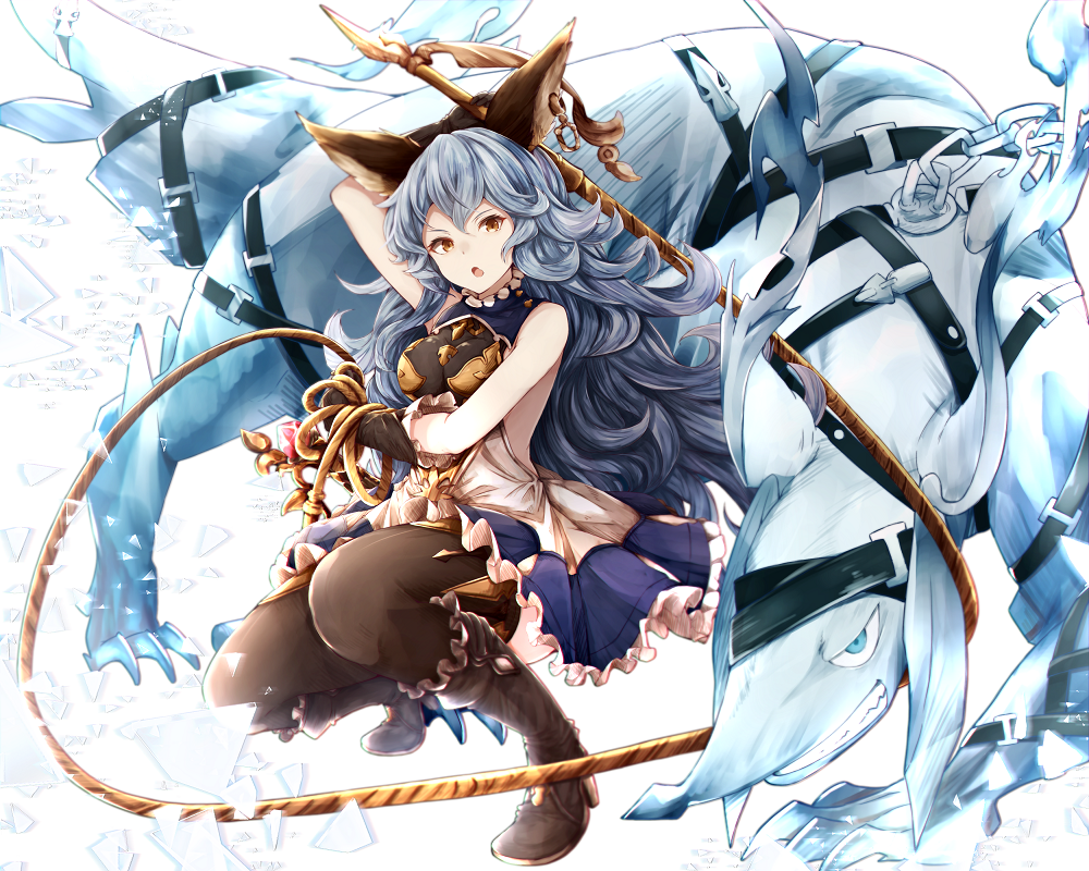 1girl :o bare_back belt blue_dress blue_eyes blue_hair boots breastplate brown_boots brown_eyes brown_gloves brown_legwear buckle chain claws clenched_teeth collar creature dress earrings elbow_gloves ferry_(granblue_fantasy) frilled_collar frills full_body gem gloves granblue_fantasy hiiragi_yashiro holding_weapon jewelry knee_boots lance long_hair monster multicolored_dress open_mouth polearm restrained ruby_(stone) shatter simple_background sleeveless sleeveless_dress squatting teeth thigh-highs thighs triangle tsurime very_long_hair wavy_hair weapon whip white_background white_dress