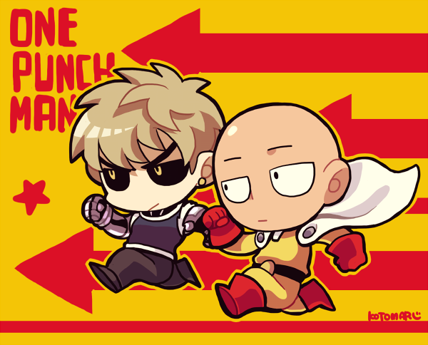 2boys artist_name bald black_sclera blonde_hair boots cape chibi copyright_name cyborg directional_arrow earrings genos gloves jewelry kotorai male_focus mechanical_arms multiple_boys one-punch_man outline red_boots red_gloves running saitama_(one-punch_man) signature yellow_eyes