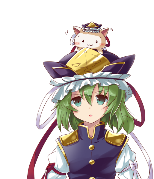 1girl animal animal_on_head aqua_eyes arm_ribbon cat cat_on_head epaulettes green_hair hat hat_ribbon high_collar looking_at_viewer open_mouth ribbon ryogo shiki_eiki short_hair simple_background solo touhou upper_body vest white_background
