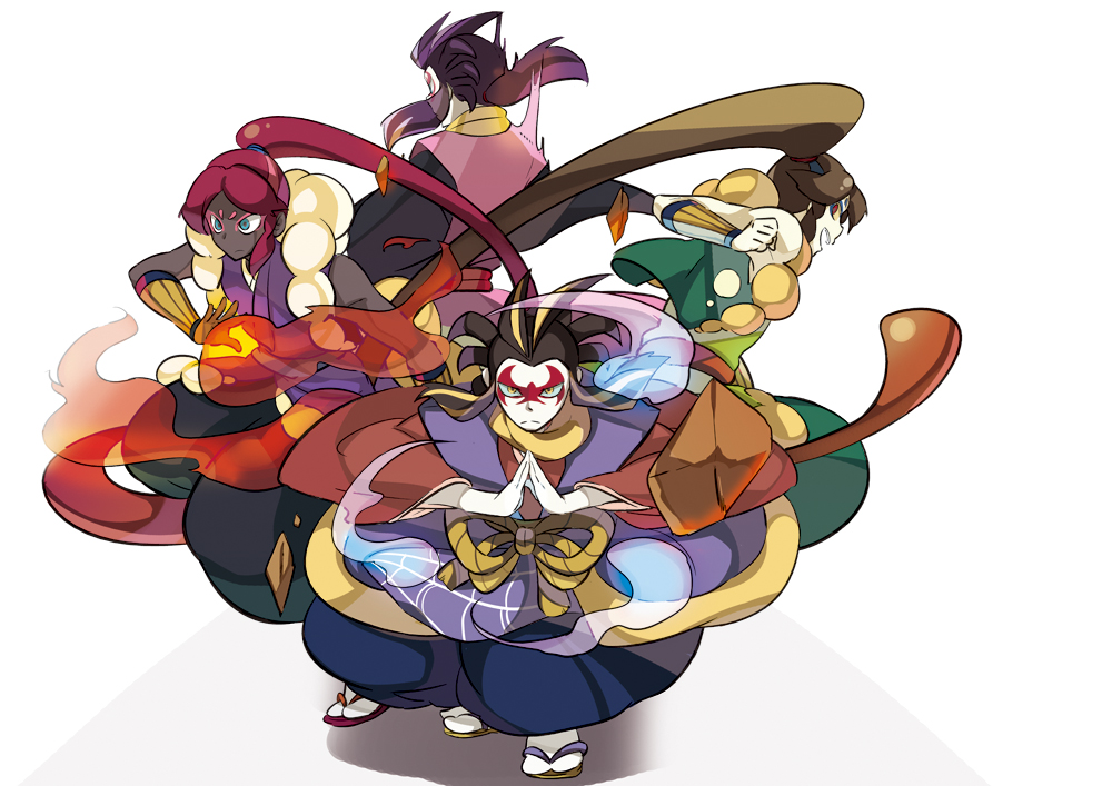 4boys brown_hair hakama haruna_mahiru high_ponytail japanese_clothes jorougumo_(youkai_watch) kataginu long_hair male_focus maroon_hair multiple_boys oogama_(youkai_watch) ooyamori open_mouth purple_hair tsuchigumo_(youkai_watch) very_long_hair white_background youkai_watch