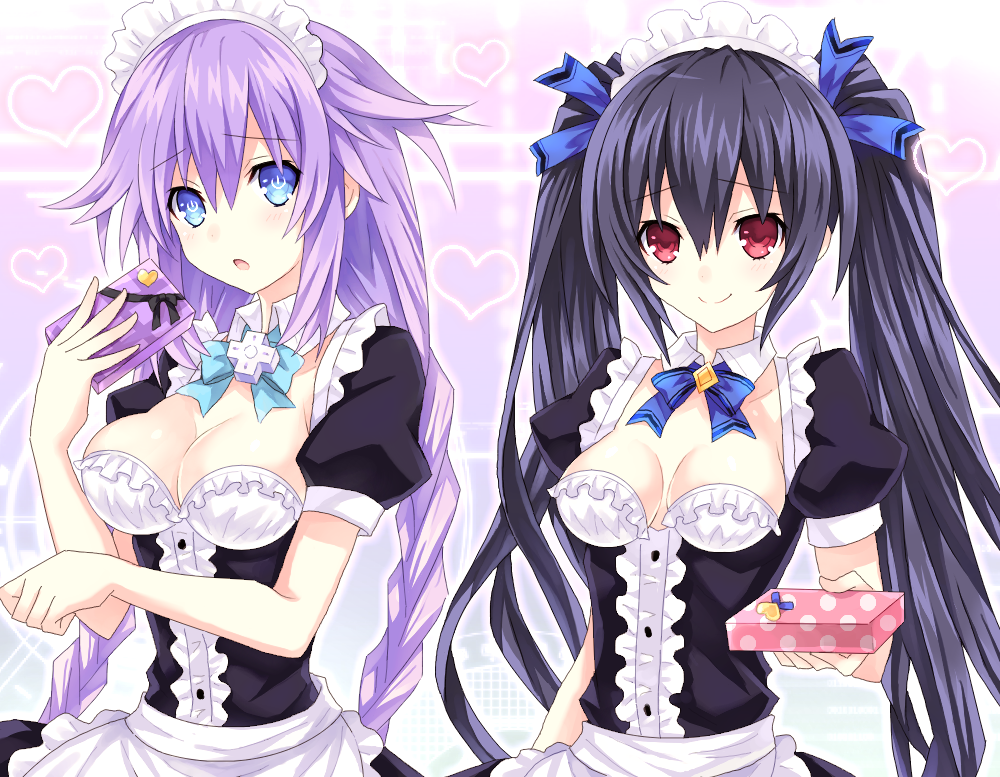 :o alternate_costume apron black_bow black_dress black_hair blue_bow blue_bowtie blue_ribbon blush bow bowtie box braid breasts buttons center_frills choujigen_game_neptune cleavage closed_mouth collarbone detached_collar dress enmaided eyebrows eyebrows_visible_through_hair gift gift_box hair_between_eyes hair_flaps hair_ribbon heart heart_background hinano holding_gift large_breasts long_hair looking_at_viewer maid maid_headdress neptune_(series) noire open_mouth paw_pose pink_background polka_dot puffy_short_sleeves puffy_sleeves purple_heart red_eyes ribbon short_sleeves simple_background smile symbol-shaped_pupils tsurime twin_braids twintails upper_body valentine very_long_hair visible_ears waist_apron