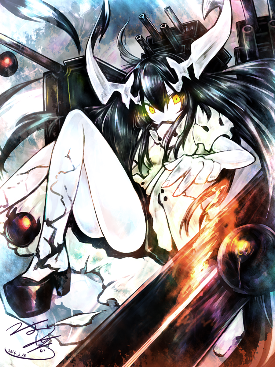 1girl anchorage_water_oni artist_request black_hair collar commentary_request glowing glowing_eyes highres horns kantai_collection knees_up long_hair looking_at_viewer platform_footwear shinkaisei-kan white_skin yellow_eyes