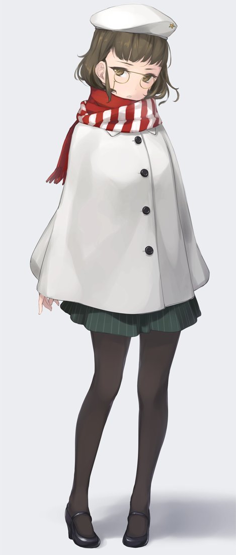 1girl black_hair brown_eyes brown_hair cloak glasses hat kantai_collection looking_at_viewer pantyhose rokuwata_tomoe roma_(kantai_collection) scarf short_hair simple_background skirt solo white_background
