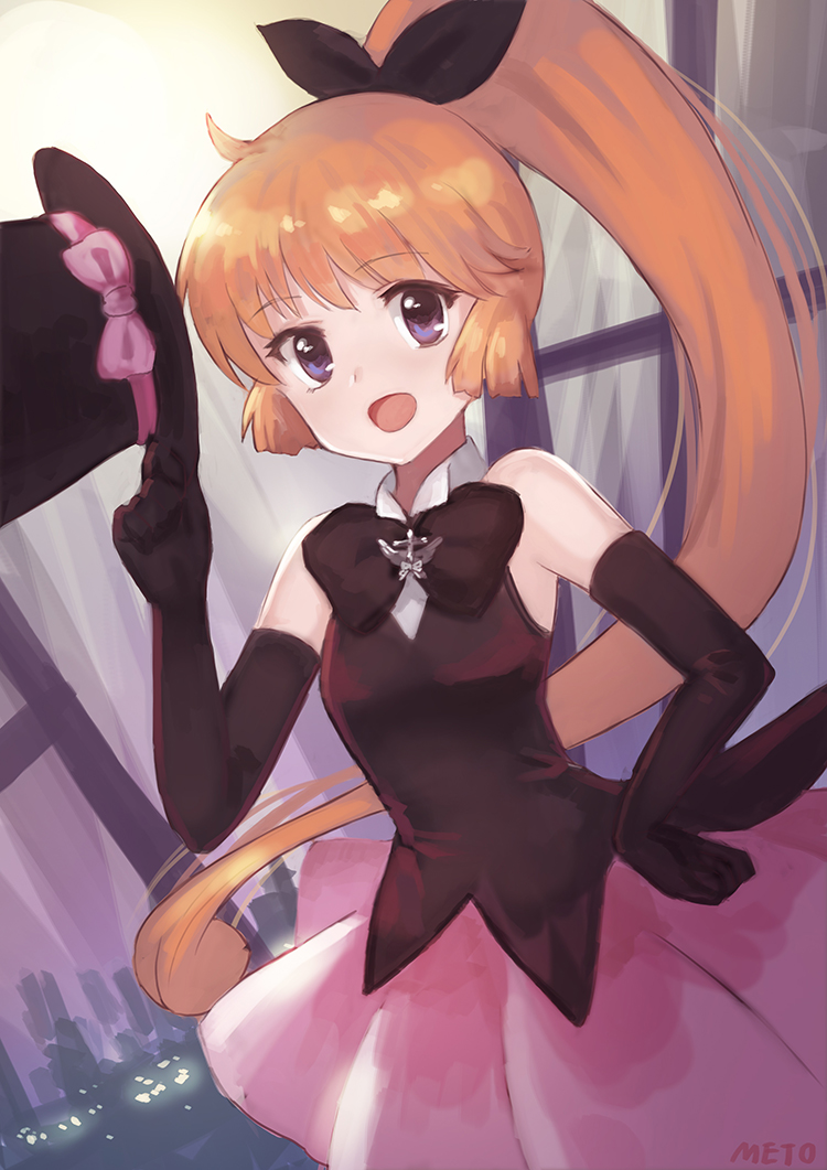 1girl black_gloves blue_eyes bow elbow_gloves gloves hand_on_hip haneoka_meimi hat hat_tip kaitou_saint_tail long_hair magical_girl meto31 orange_hair ponytail saint_tail skirt smile solo top_hat