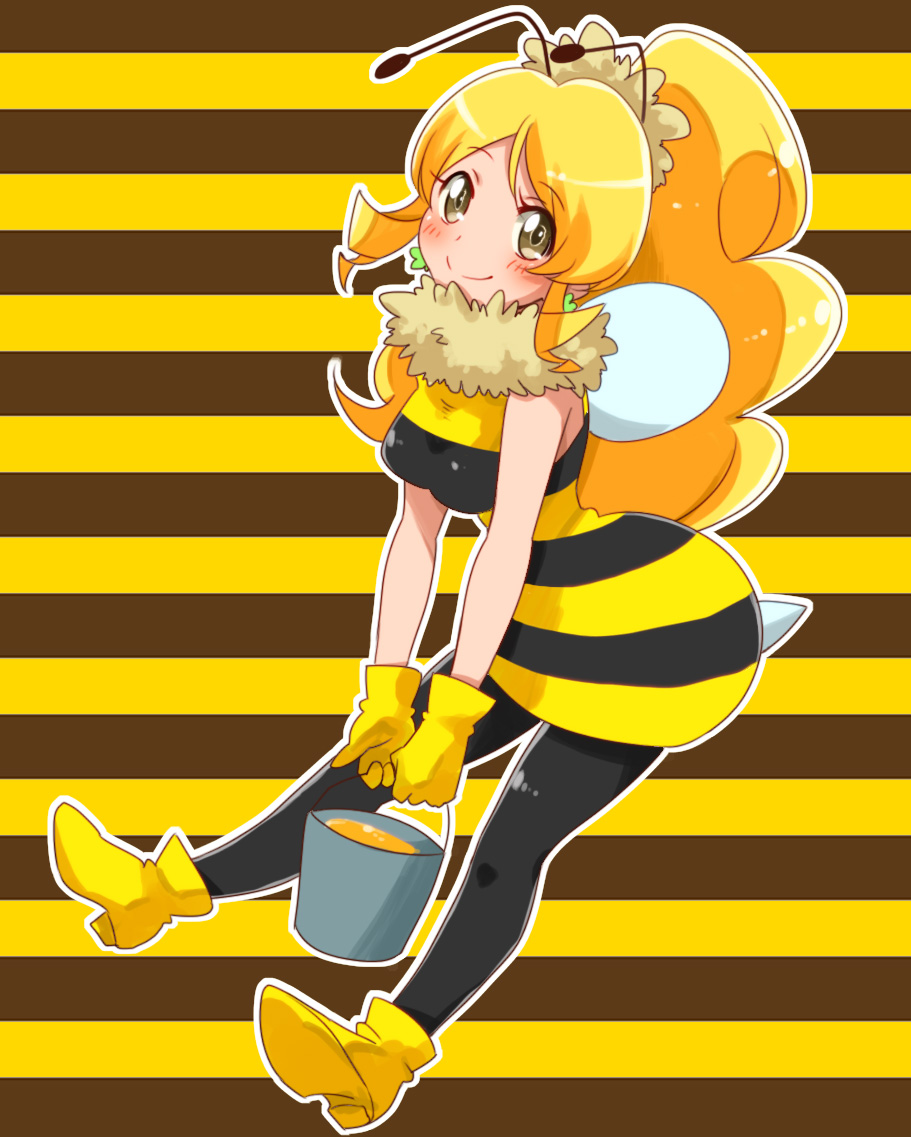 1girl antennae bee_costume black_legwear blonde_hair blush brown_eyes cure_honey don_(748826) earrings full_body gloves happinesscharge_precure! honey jewelry long_hair looking_at_viewer object_namesake oomori_yuuko pantyhose precure shoes sidelocks skirt smile solo striped striped_skirt wings yellow_gloves yellow_shoes