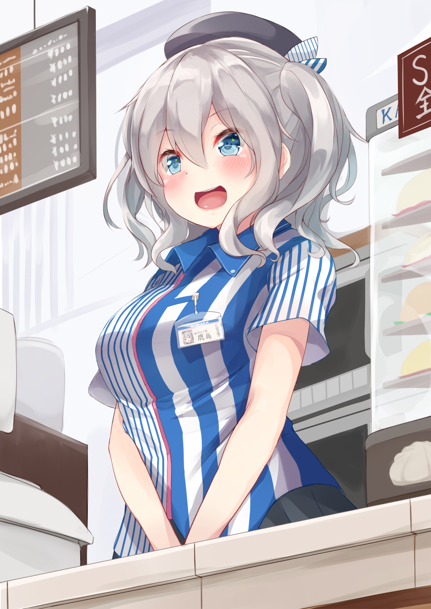 1girl :d black_skirt blue_eyes blush convenience_store employee_uniform grey_hair hat highres igakusei kantai_collection kashima_(kantai_collection) lawson name_tag open_mouth shop short_sleeves skirt smile solo store_clerk striped twintails uniform