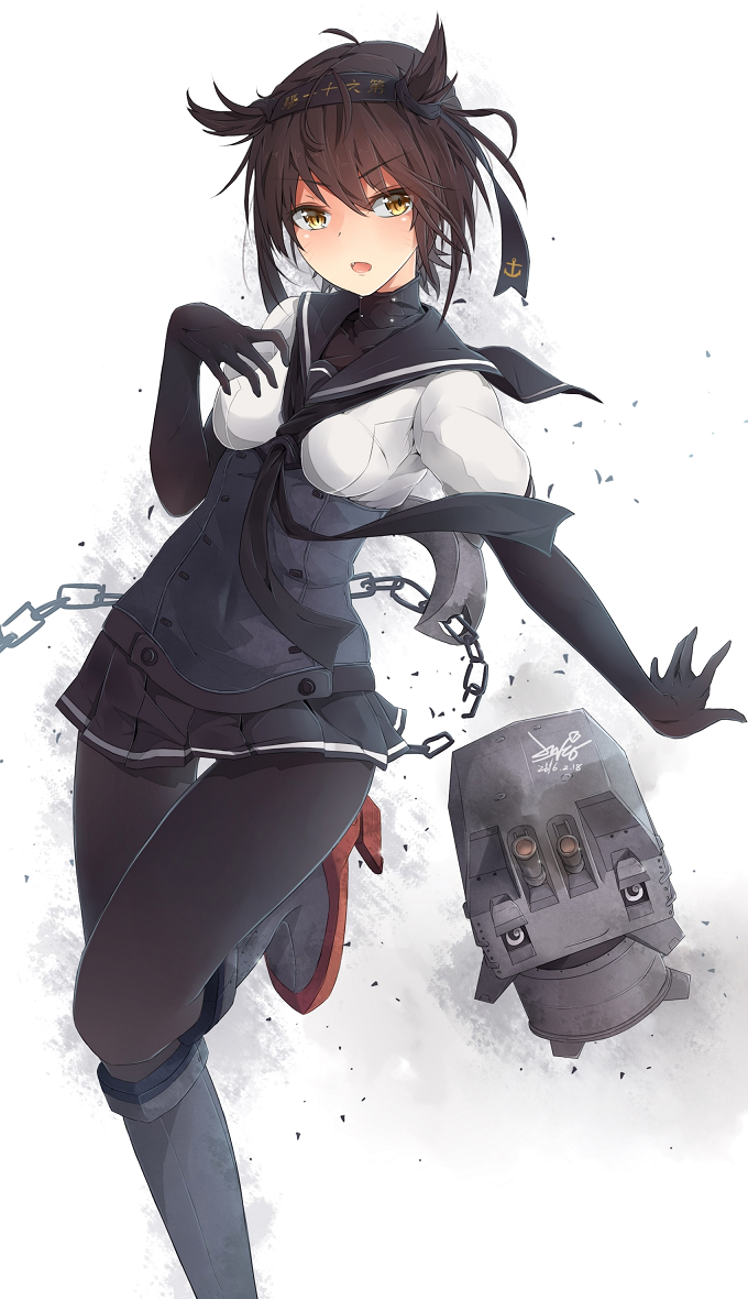 1girl 2016 :o ahoge anchor_symbol black_gloves black_legwear black_ribbon black_skirt brown_hair cannon chain chou-10cm-hou-chan_(hatsuzuki's) clothes_writing corset dated debris eyebrows eyebrows_visible_through_hair fang gloves hairband hatsuzuki_(kantai_collection) jenson_tw kantai_collection leg_up looking_at_viewer miniskirt pantyhose pleated_skirt pointy_hair red_shoes ribbon school_uniform serafuku shoes short_sleeves signature skirt smile standing_on_one_leg thigh_gap turtleneck yellow_eyes