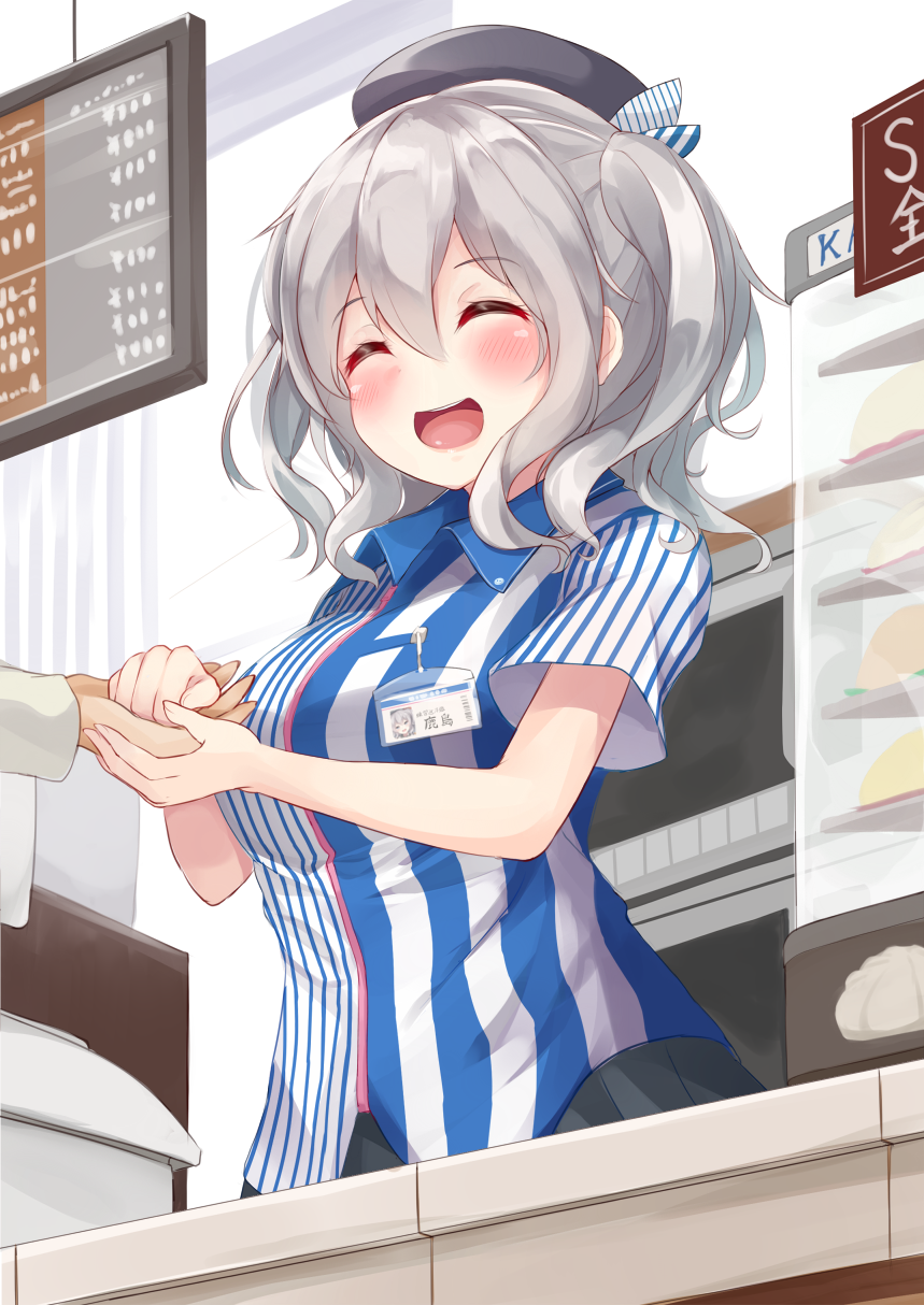 1girl :d ^_^ black_skirt blush closed_eyes convenience_store employee_uniform grey_hair hat highres holding_hands igakusei kantai_collection kashima_(kantai_collection) lawson name_tag open_mouth shop short_sleeves skirt smile solo_focus store_clerk striped twintails uniform
