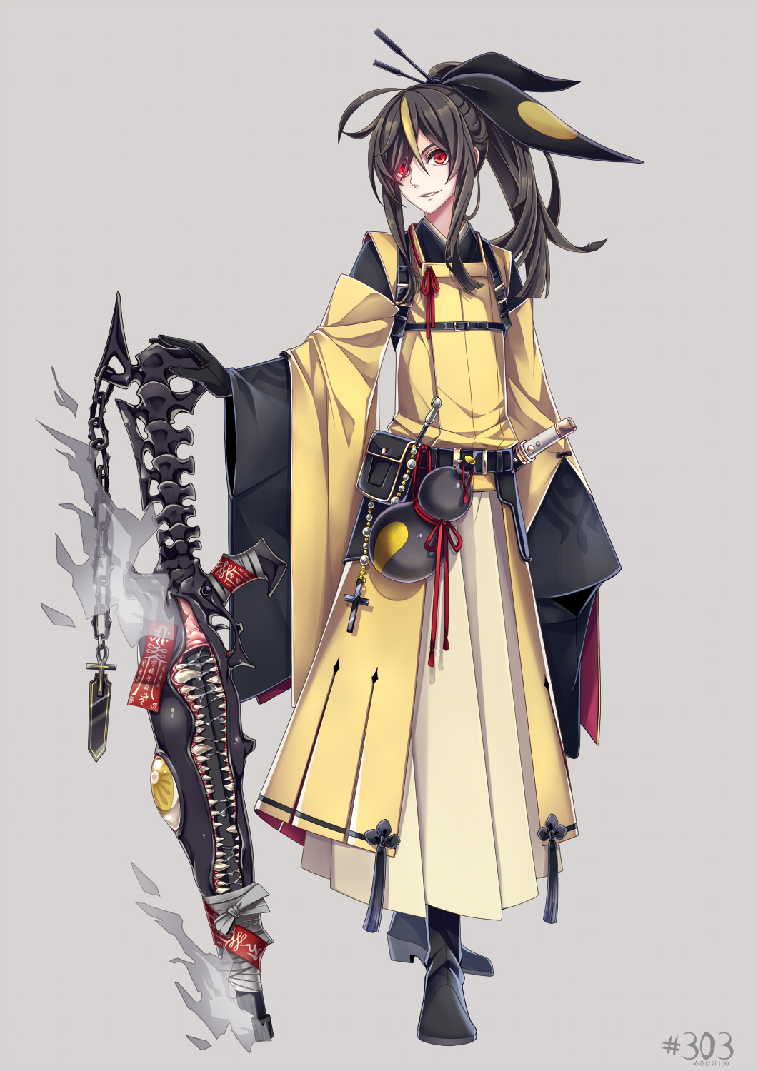 1boy arm_at_side bandages beads belt belt_pouch black_boots black_gloves black_hair black_ribbon boots chain cross fanny_pack fire full_body gloves gourd grey_background hair_between_eyes hair_ornament hair_stick hakama highres holding_weapon japanese_clothes kiseru long_hair looking_at_viewer male_focus mawile merlusa multicolored_hair number ofuda personification pipe pokemon pokemon_(game) ponytail red_eyes ribbon saliva sharp_teeth simple_background smile smoking_pipe solo spine standing streaked_hair sword tassel teeth weapon