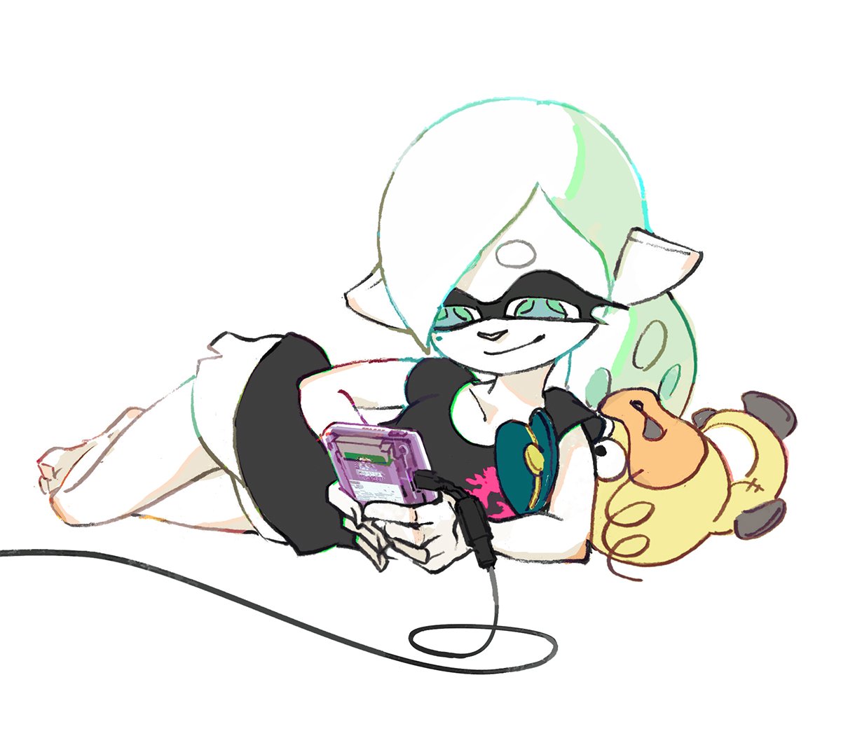 +_+ 1girl casual character_doll denchinamazu game_boy green_eyes hair_down handheld_game_console hotaru_(splatoon) link_cable lying official_art on_side playing_games pointy_ears shirt shorts simple_background smile splatoon t-shirt tentacle_hair white_background