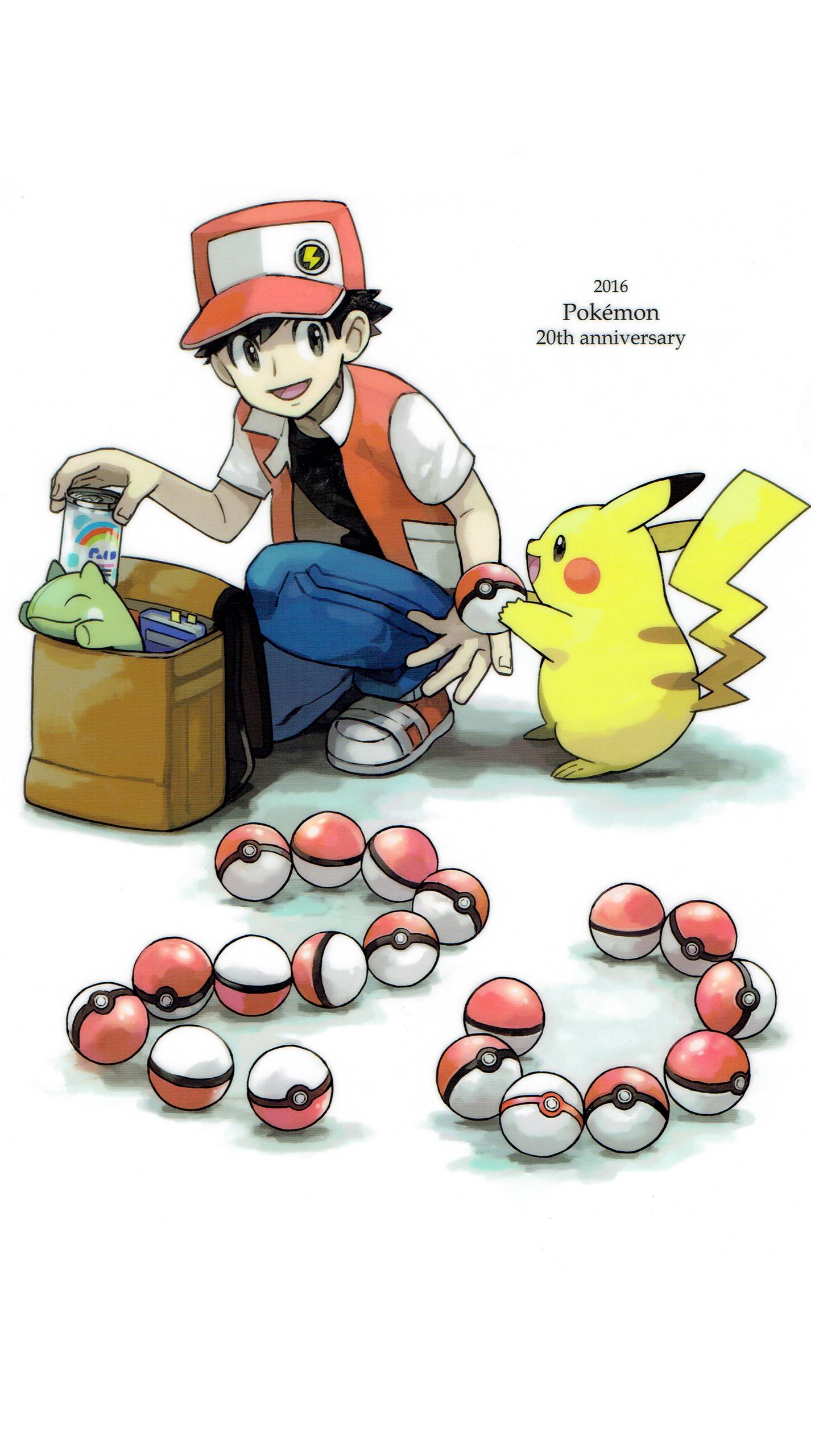 1boy absurdres anniversary backpack badge bag baseball_cap black_hair brown_eyes can denim english hat highres jacket jeans looking_at_another official_art open_clothes open_jacket pants pikachu poke_ball pokemon pokemon_(creature) premier_ball red_(pokemon) red_(pokemon)_(classic) shoes smile sneakers substitute