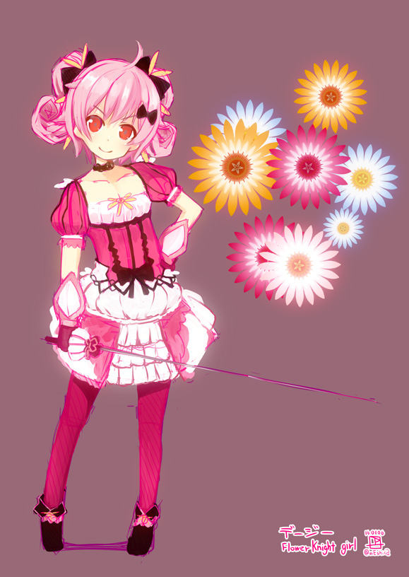 1girl 2016 black_bow black_shoes bow character_name choker copyright_name curly_hair daisy daisy_(flower_knight_girl) dated flower flower_knight_girl full_body hair_bow hand_on_hip looking_at_viewer object_namesake pantyhose pink_hair pink_legwear purple_background rapier red_eyes shoes short_hair short_twintails sketch skirt smile solo standing sword twintails weapon weshika white_skirt