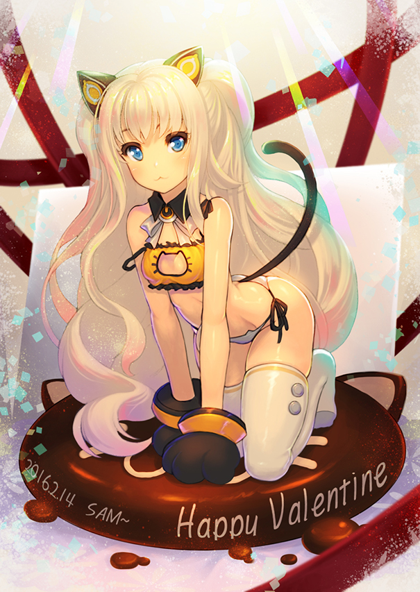 1girl :3 all_fours animal_ears bare_shoulders blonde_hair blue_eyes blush bra breasts cat_cutout cat_ear_panties cat_ears cat_lingerie cat_tail cleavage cleavage_cutout dated detached_collar ecell gloves happy_valentine long_hair orange_bra panties paw_gloves seeu side-tie_panties small_breasts smile solo tail thigh-highs underwear underwear_only very_long_hair vocaloid white_legwear white_panties