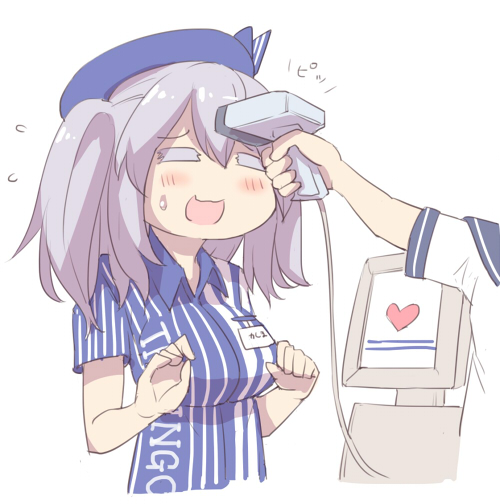 1girl :3 barcode_scanner beret blush closed_eyes employee_uniform flying_sweatdrops grey_hair hat heart kantai_collection kashima_(kantai_collection) lawson name_tag open_mouth silver_bell_(artist) solo_focus sweatdrop two_side_up uniform vertical_stripes