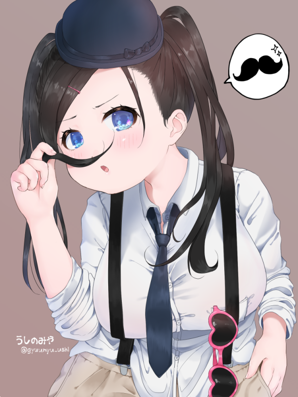 1girl black_hair blue_eyes breasts hand_in_pocket hat looking_at_viewer necktie original parted_lips purple_background simple_background solo sunglasses_removed suspenders twintails twitter_username ushinomiya