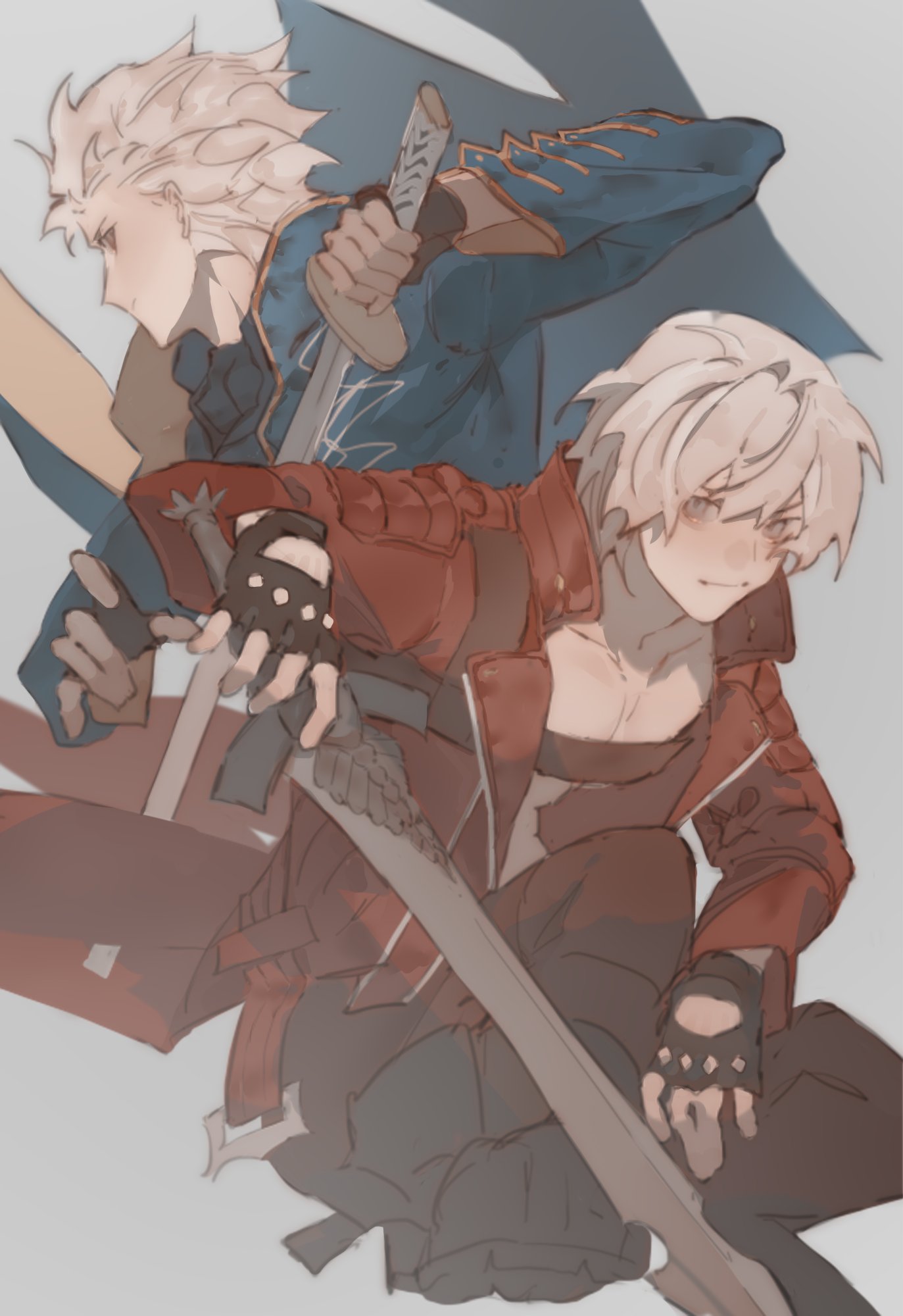 2boys belt_bra bishounen black_gloves blue_coat blue_eyes closed_mouth coat dante_(devil_may_cry) devil_may_cry_(series) devil_may_cry_3 ens104 fingerless_gloves gloves highres holding holding_weapon jacket katana looking_at_viewer male_focus multiple_boys rebellion_(sword) red_coat smile sword vergil_(devil_may_cry) weapon white_hair yamato_(sword)