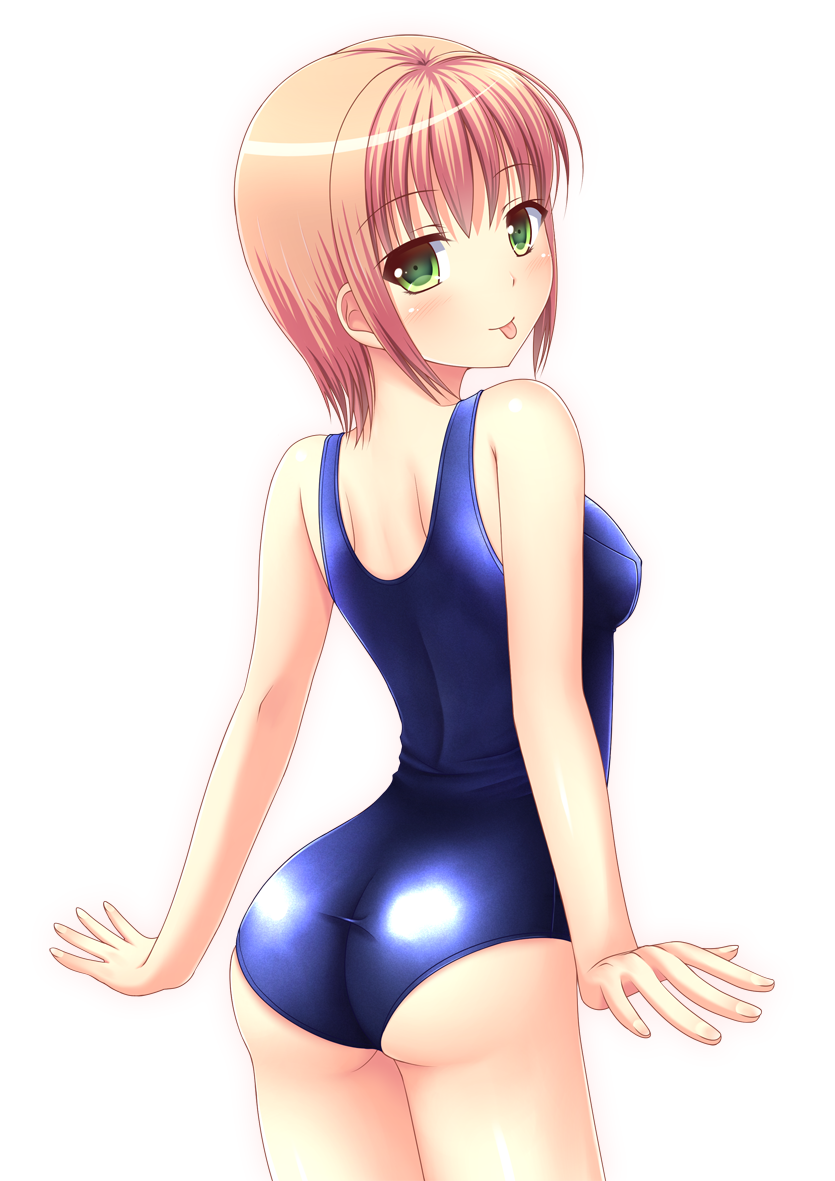 1girl :p ass brown_hair from_behind green_eyes kk-sk-ray old_school_swimsuit original shiny shiny_clothes short_hair solo tongue tongue_out