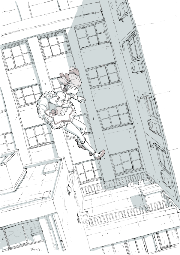 1girl air_conditioner bow bubble_skirt building choker city dutch_angle flat_color from_side gloves jewelry jumping kaname_madoka kneehighs long_hair magical_girl mahou_shoujo_madoka_magica monochrome_background oono_tsutomu outdoors outstretched_arms pendant pink_hair profile puffy_short_sleeves puffy_sleeves railing red_bow red_ribbon red_shoes ribbon ribbon_choker rooftop shade shoes short_sleeves sketch skirt solo soul_gem twintails white_gloves window