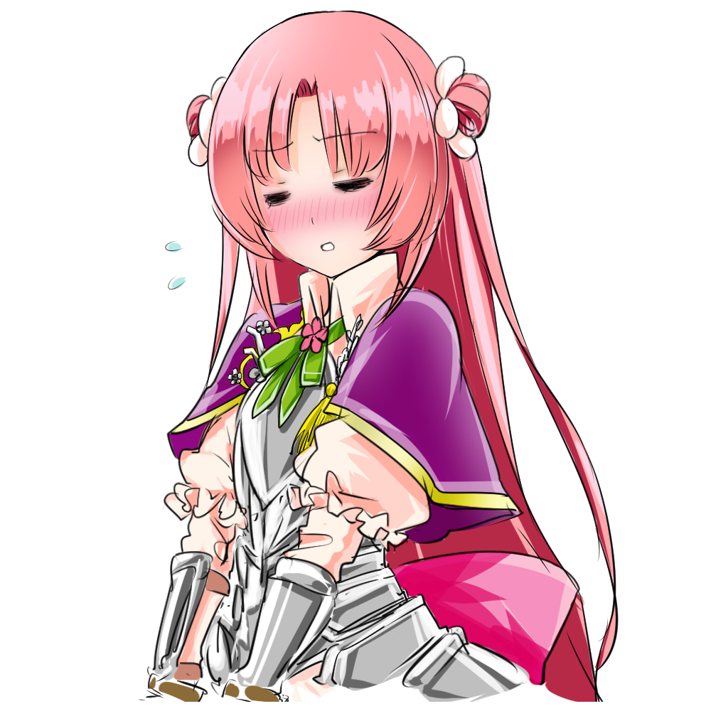 1girl aaron_(pixiv) armor armored_dress blush bow closed_eyes cowboy_shot double_bun flower_knight_girl gauntlets green_bow long_hair pink_hair shawl solo ume_(flower_knight_girl) white_background