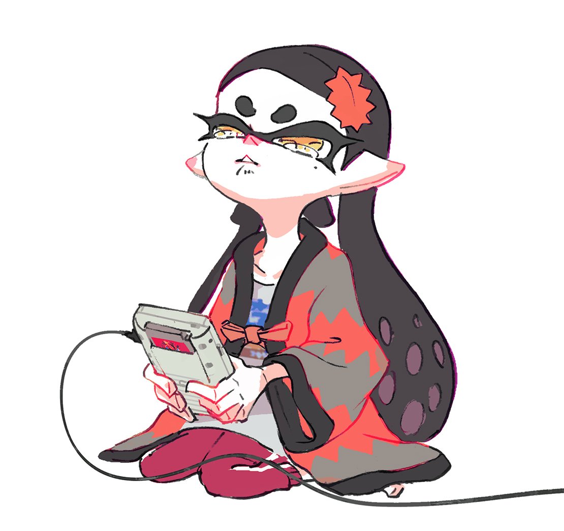 +_+ 1girl aori_(splatoon) black_hair game_boy hair_down handheld_game_console hanten_(clothes) link_cable official_art pants playing_games pointy_ears simple_background sitting solo splatoon tearing_up tentacle_hair track_pants wariza white_background