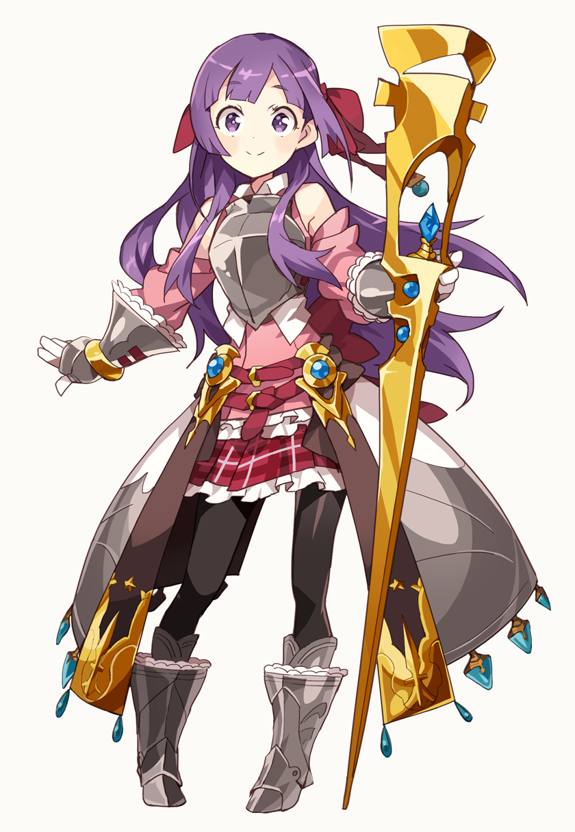 1girl armor armored_boots armored_dress bare_shoulders belt black_legwear boots bow detached_sleeves frills full_body gauntlets hair_bow highres long_hair nknlak pantyhose purple_hair sekaiju_no_meikyuu sekaiju_no_meikyuu_2 simple_background skirt smile solo tagme tareme violet_eyes weapon white_background