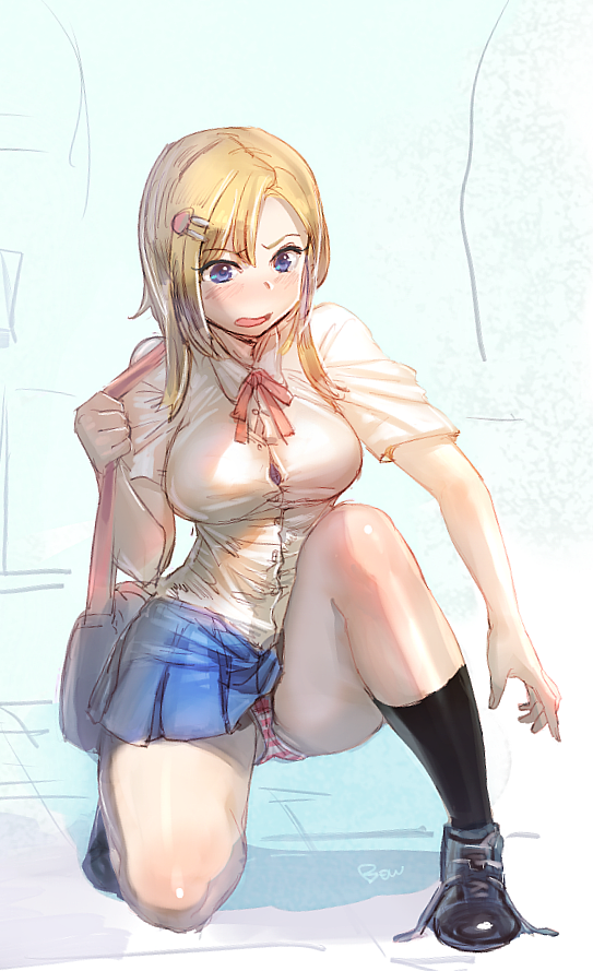 1girl bag blonde_hair blue_eyes bow_(bhp) breasts hair_ornament hairclip long_hair original panties pantyshot pantyshot_(squatting) school_bag school_uniform shoelaces squatting striped striped_panties underwear untied