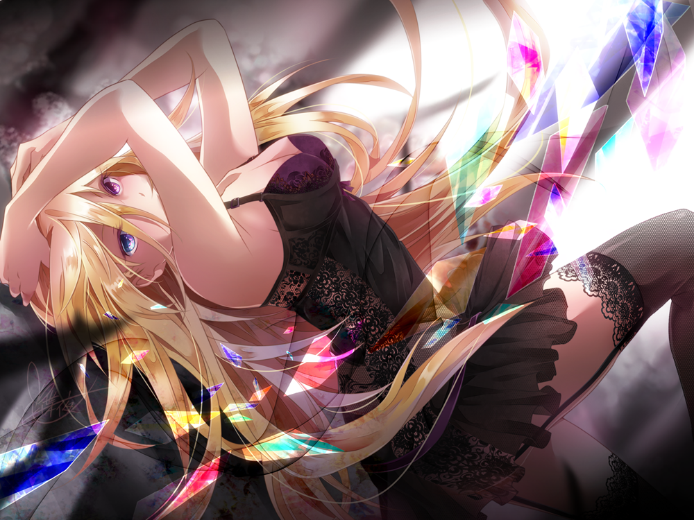 1girl alternate_costume arms_up black_legwear blonde_hair blue_eyes bra breasts cleavage covered_mouth dress from_side garter_straps hair_between_eyes heterochromia lace-trimmed_legwear lily_(vocaloid) long_hair looking_at_viewer shatter short_dress signature sleeveless sleeveless_dress solo thigh-highs tyouya underwear violet_eyes vocaloid