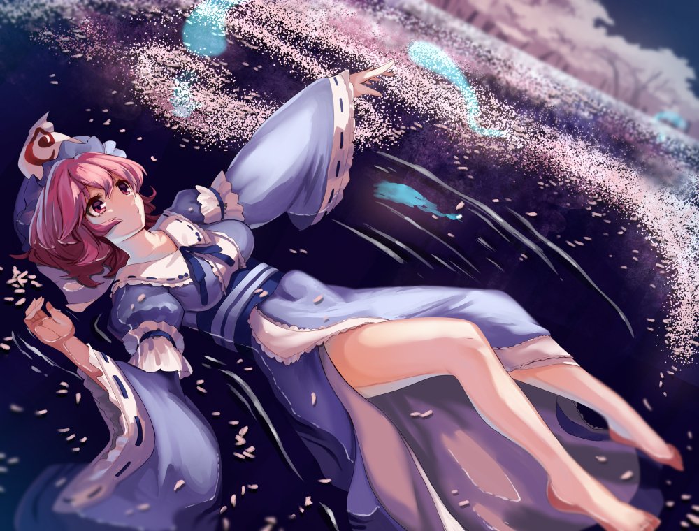 1girl afloat barefoot cherry_blossoms dress dutch_angle full_body hat hitodama long_sleeves mob_cap obi outstretched_arm petals pink_eyes pink_hair saigyouji_yuyuko sash short_hair solo touhou tree triangular_headpiece ume_ren water wide_sleeves