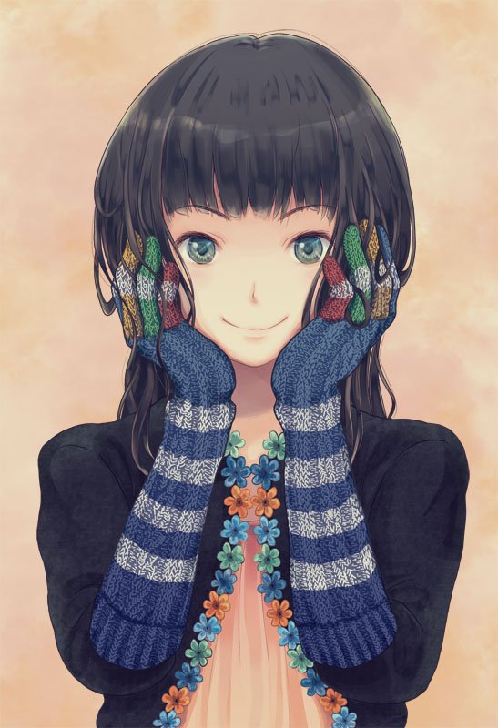 bangs black_hair blunt_bangs coat dress elbow_gloves flower gloves green_eyes hands_on_own_cheeks hands_on_own_face long_hair looking_at_viewer multicolored_gloves original otoufu smile sundress