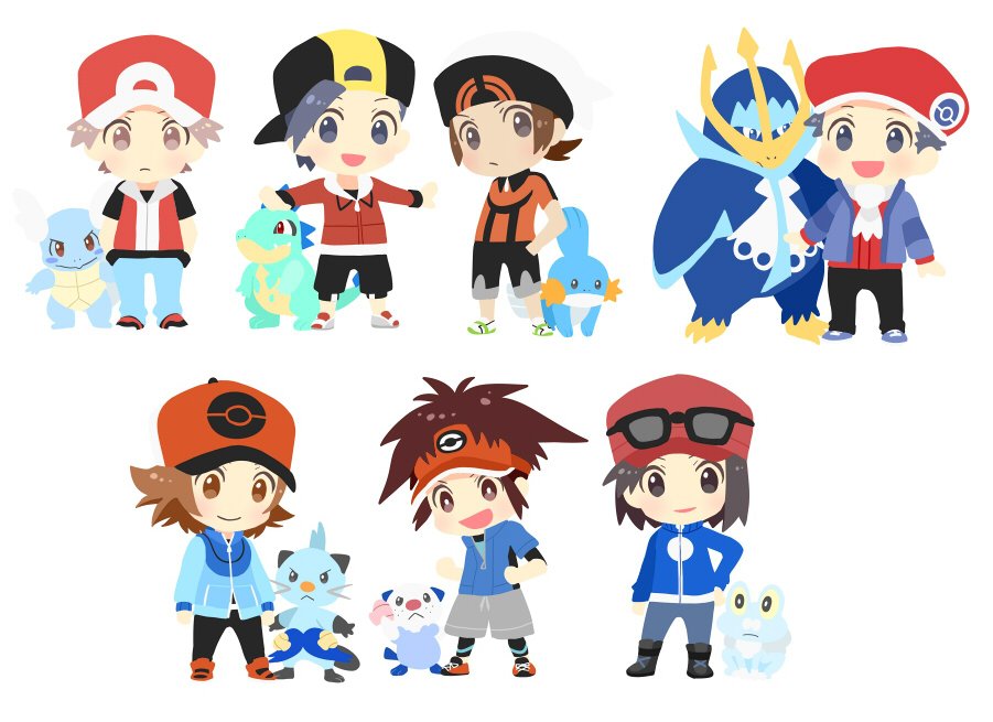 6+boys backwards_hat baseball_cap beanie black_eyes black_hair brown_eyes calme_(pokemon) chibi croconaw dewott empoleon froakie gold_(pokemon) hand_in_pocket hand_on_hip hat jacket kouki_(pokemon) kyouhei_(pokemon) male_focus mudkip multiple_boys oshawott pokemon pokemon_(creature) pumpkinpan red_(pokemon) red_(pokemon)_(remake) smile standing sunglasses sunglasses_on_head tan touya_(pokemon) visor_cap wartortle yuuki_(pokemon) yuuki_(pokemon)_(remake)